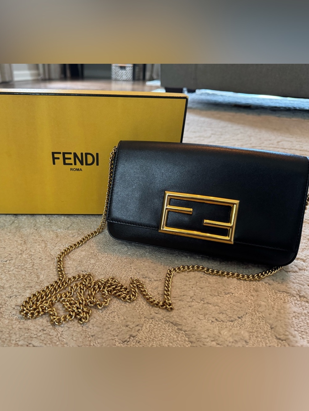 Fendi Black Leather Baguette on a chain